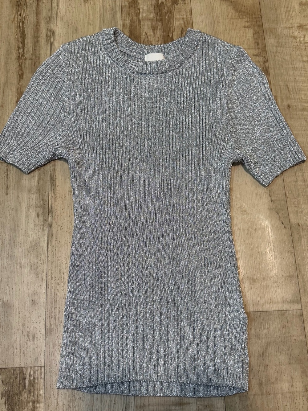H&M Womens Silver Metallic Rib Knit Slim Fit Short Sleeve Top Size S